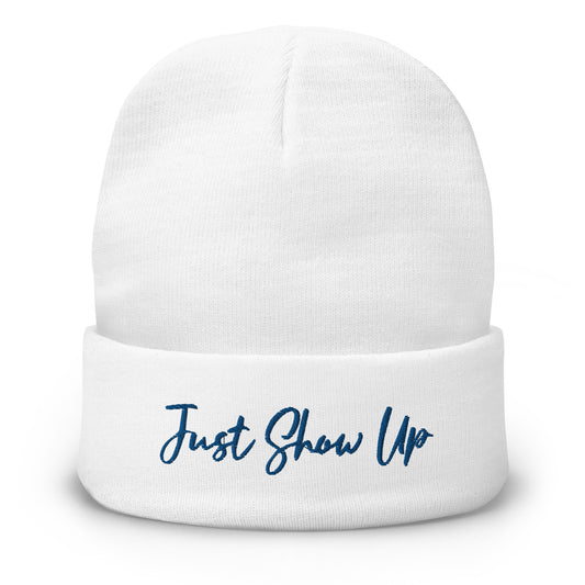 Embroidered Beanie White and Blue