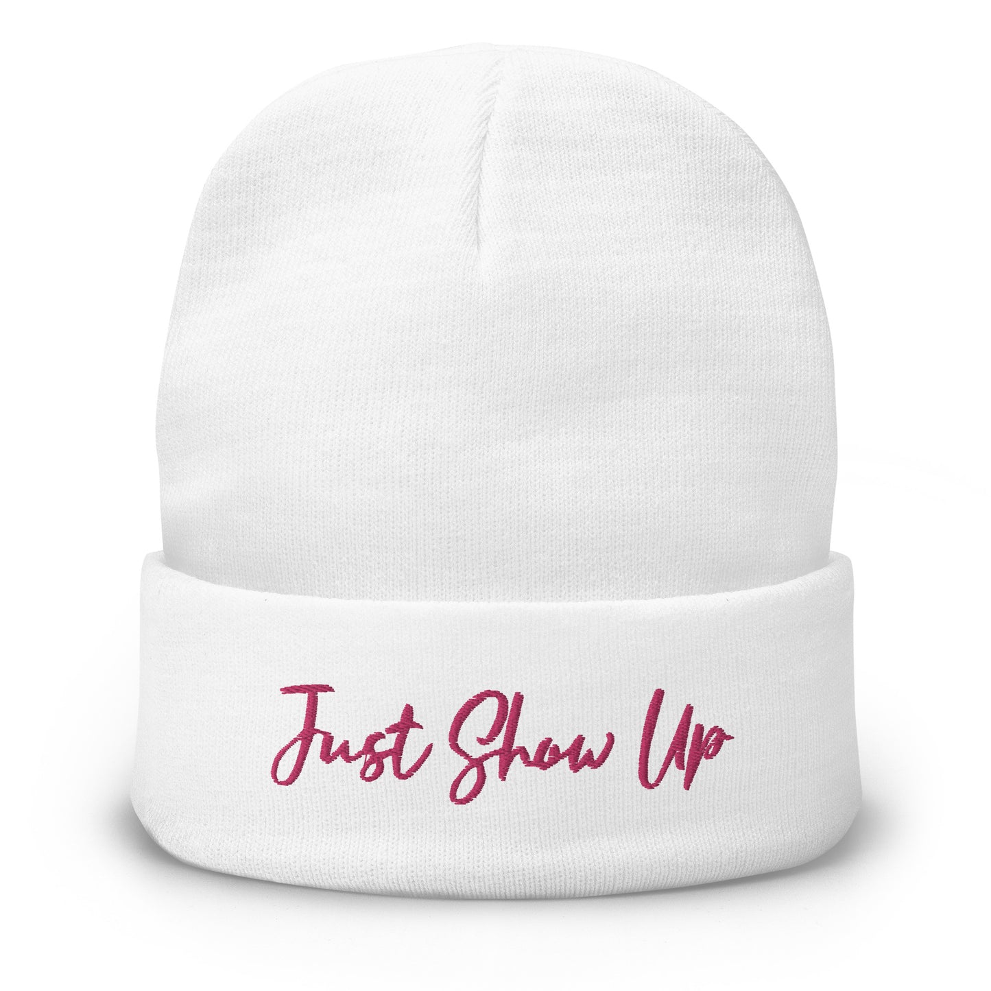 Embroidered Beanie White and Magenta